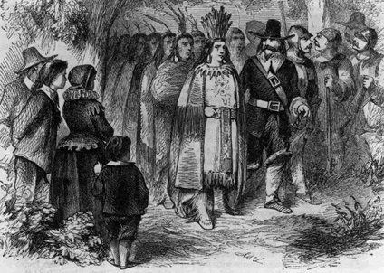 drawing of the pilgrims and 
Wampanoag tribe in Plymouth colony