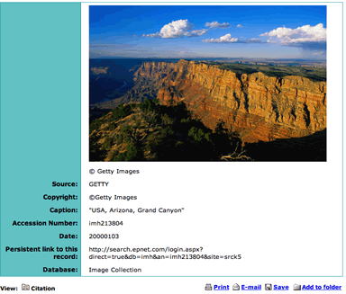screen shot of Grand Canyon photo citation page